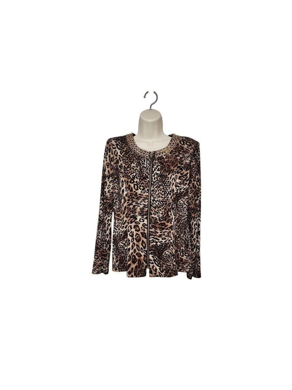 MSK Women's Animal Print Long Sleeve Zipper Blouse Medium Brown Black